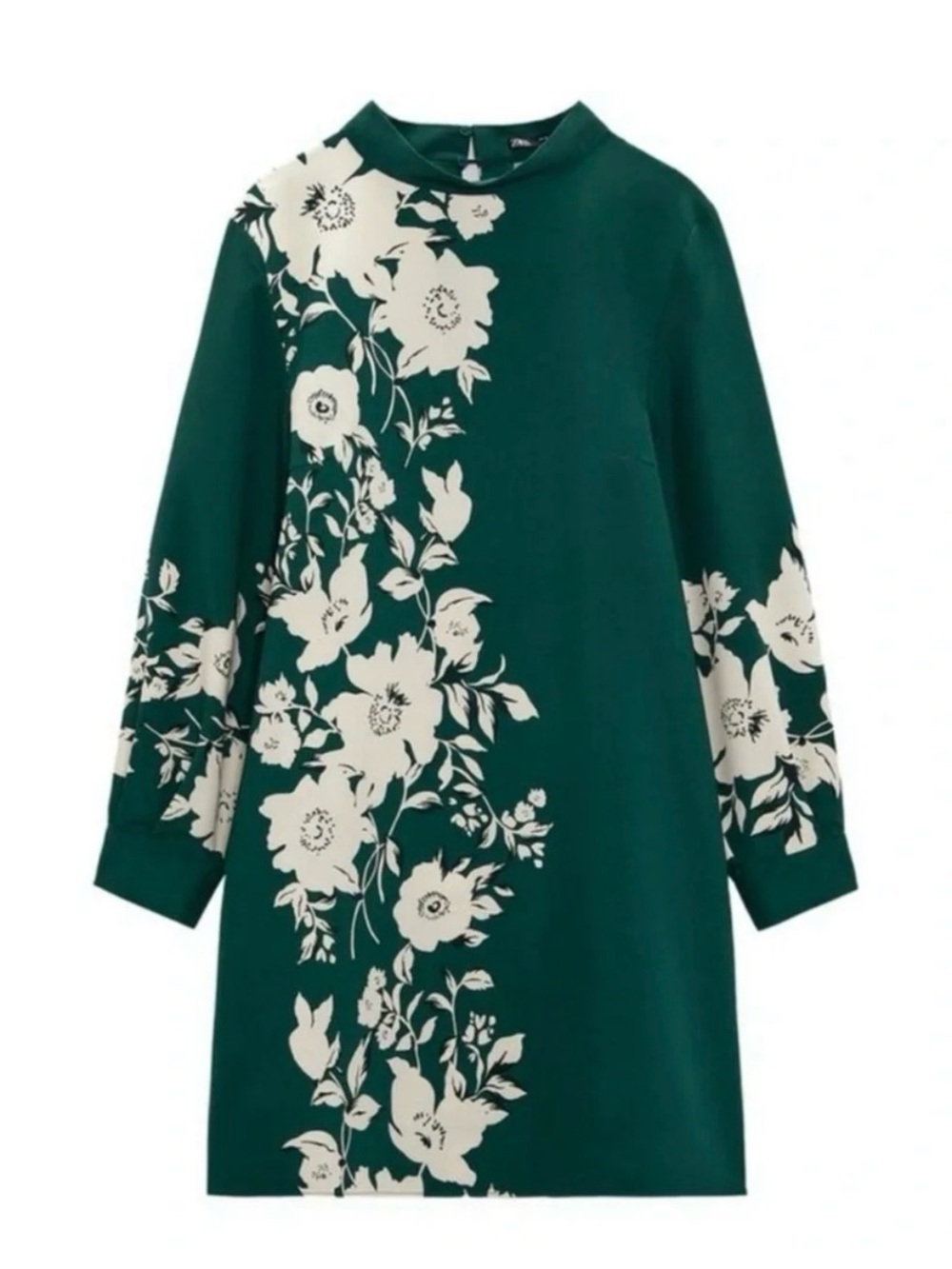 Zara Dark Green Long Sleeve Shift Dress with White Floral Print Size Large